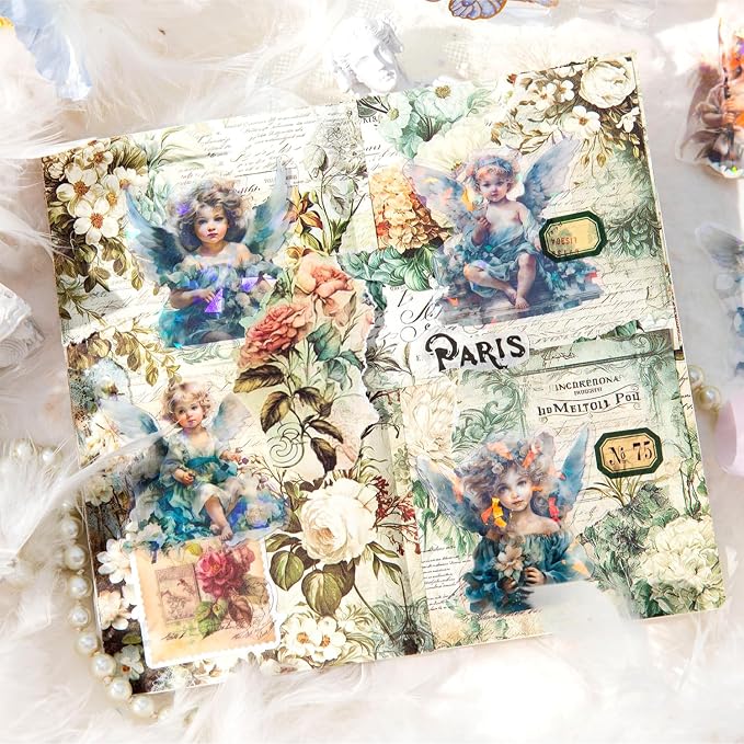 60-Piece Vintage Holographic Cherub Angel Fairy Scrapbook Stickers – Waterproof