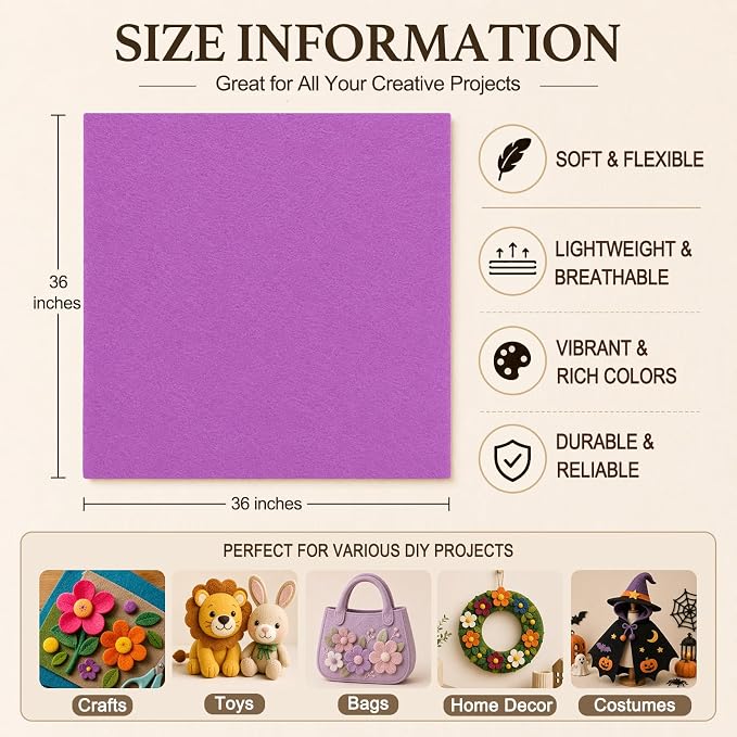 Lilac Large Felt Fabric 36" x 36", 1.4 mm Soft Felt Sheet, Nonwoven Fabric
