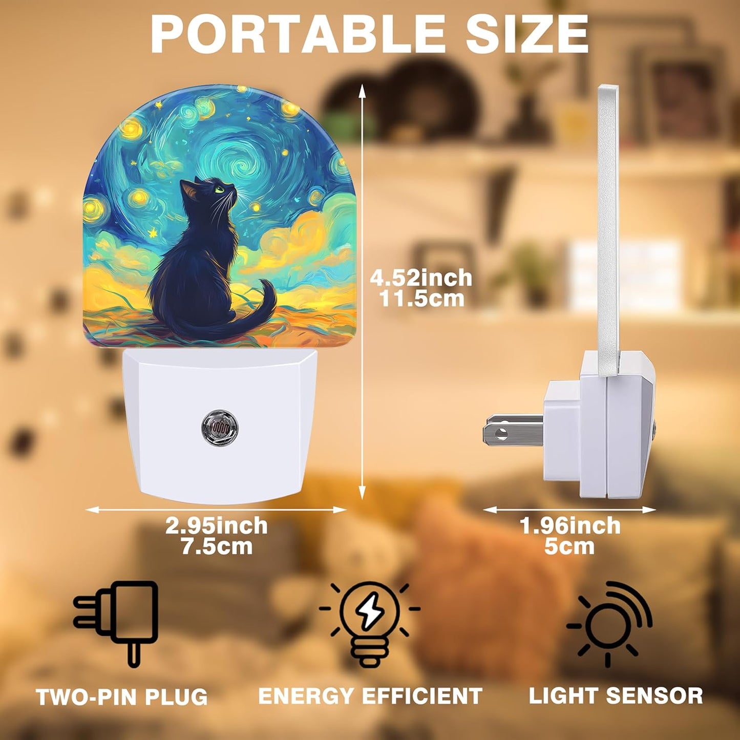 Night Lights Plug into Wall Black Cat Watching Starry Night Night Light Dusk to Dawn Smart Sensor Decorative Round Led Lamp for Bedroom Kitchen Hallway Nightlight for Women Men