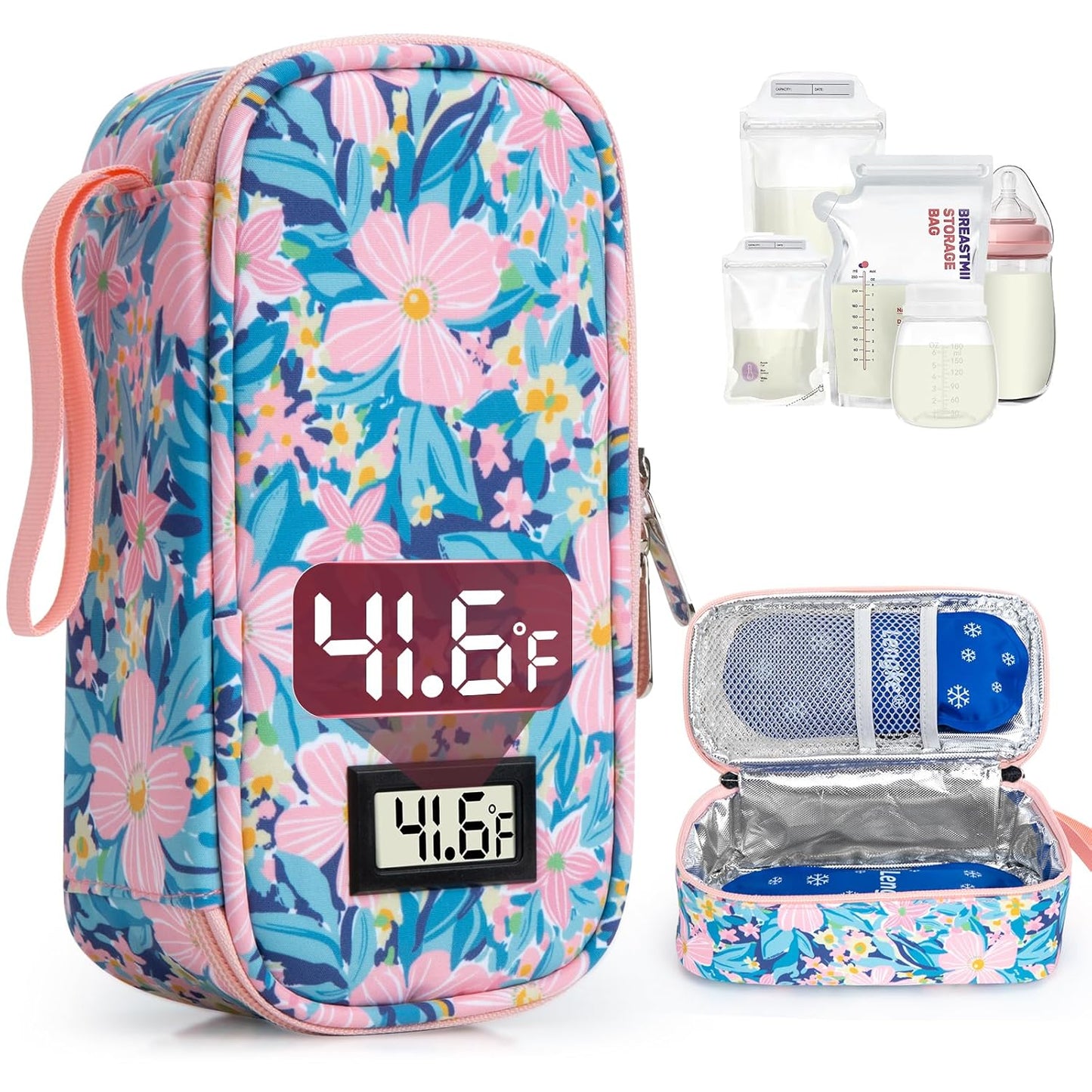 Breast Milk Cooler Travel Bag, Real-Time Temperature Display, Holds 4-6 Breastmilk Storage Bag with 2 Breast Milk Ice Pack, Cooling & Waterproof Portable Cooler for Moms on The Go(Pink Flower)