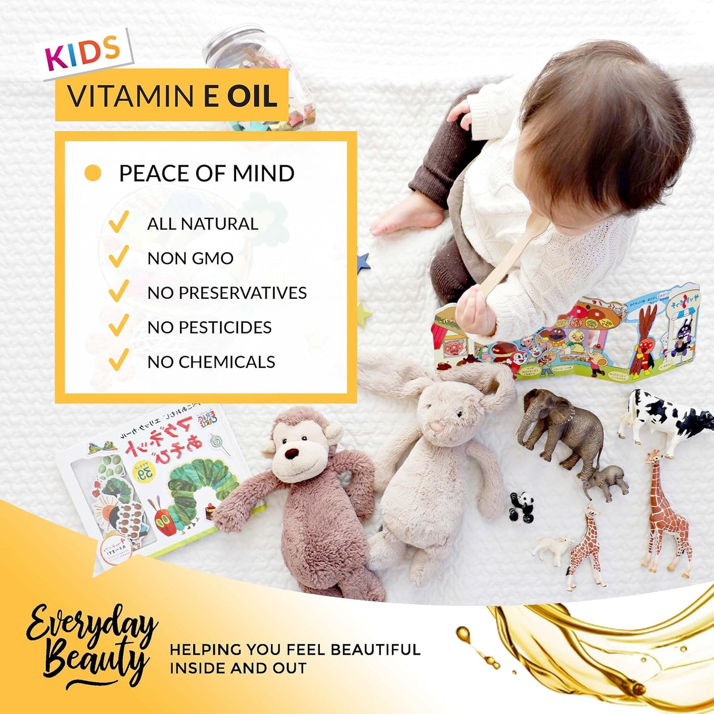 Organic Vitamin E Oil - Nourishing Baby Massage Oil for Moisturizing Dry Skin - Fragrance Free & All Natural Plant Based, Lightweight Gentle Blend - 16 Fl Oz With Pump Top