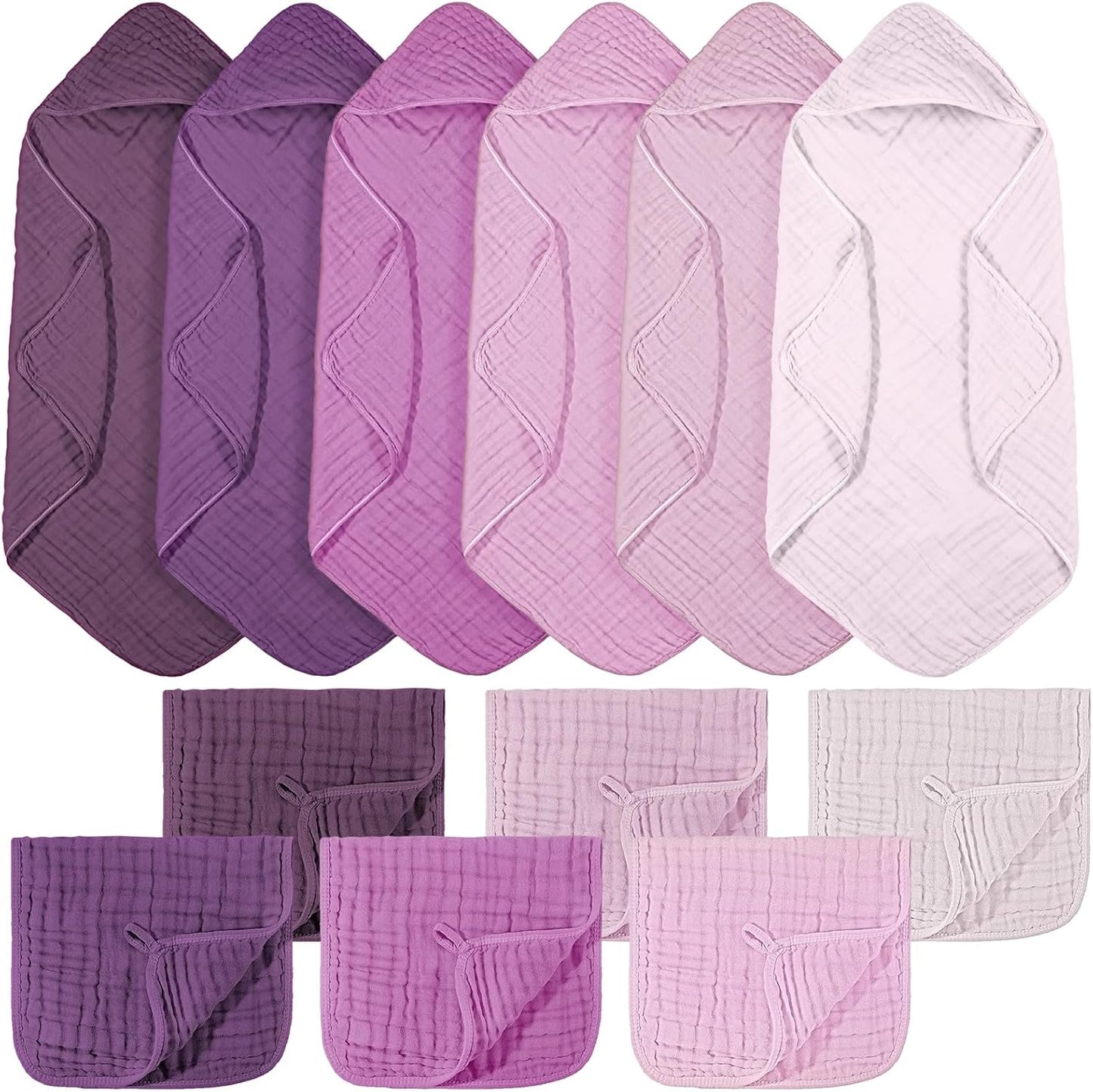 VitalCozy 12 Pcs Baby Muslin Hooded Bath Towels and Washcloths, 32 x 32 Inch Muslin Cotton Hooded Baby Towels Absorbent Hooded Blankets for Gift Newborn Infant Shower (Purple Series)