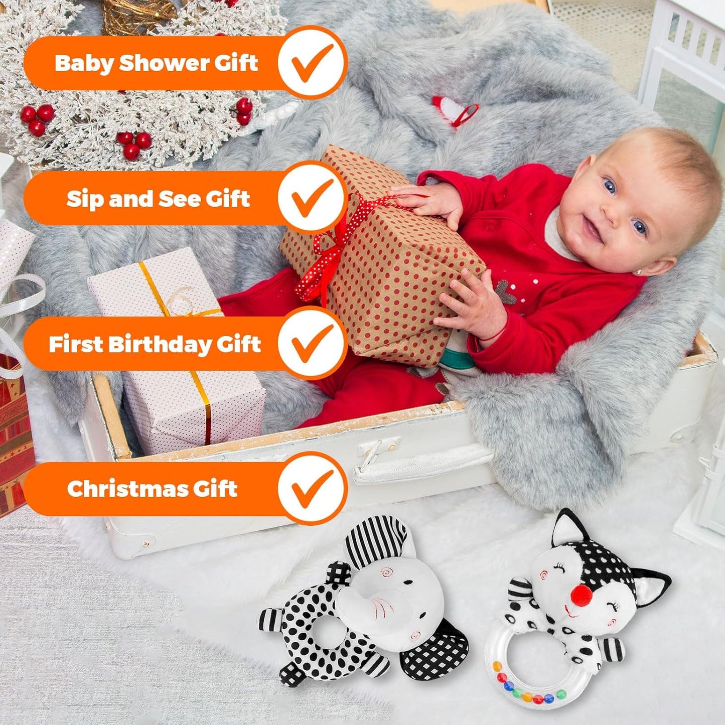 Baby Rattle Newborn Toys 0-3 Months Black and White High Contrast Baby Toys for Newborn, Soft Rattles for Babies 0-6 Months Infant Sensory Development Toy 0 3 6 9 12 Months Baby Shower Gift