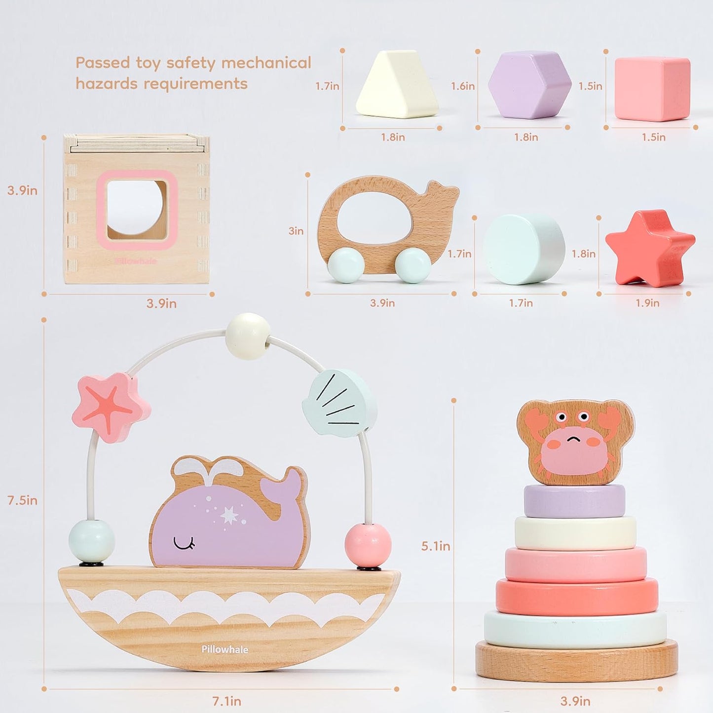 Sensory & Educational Wooden Toy Set for Toddlers 1-3 Years Old - Stacking Rings, Shape Sorter, Push Car, Bead Maze, Montessori Toys for Boys & Girl