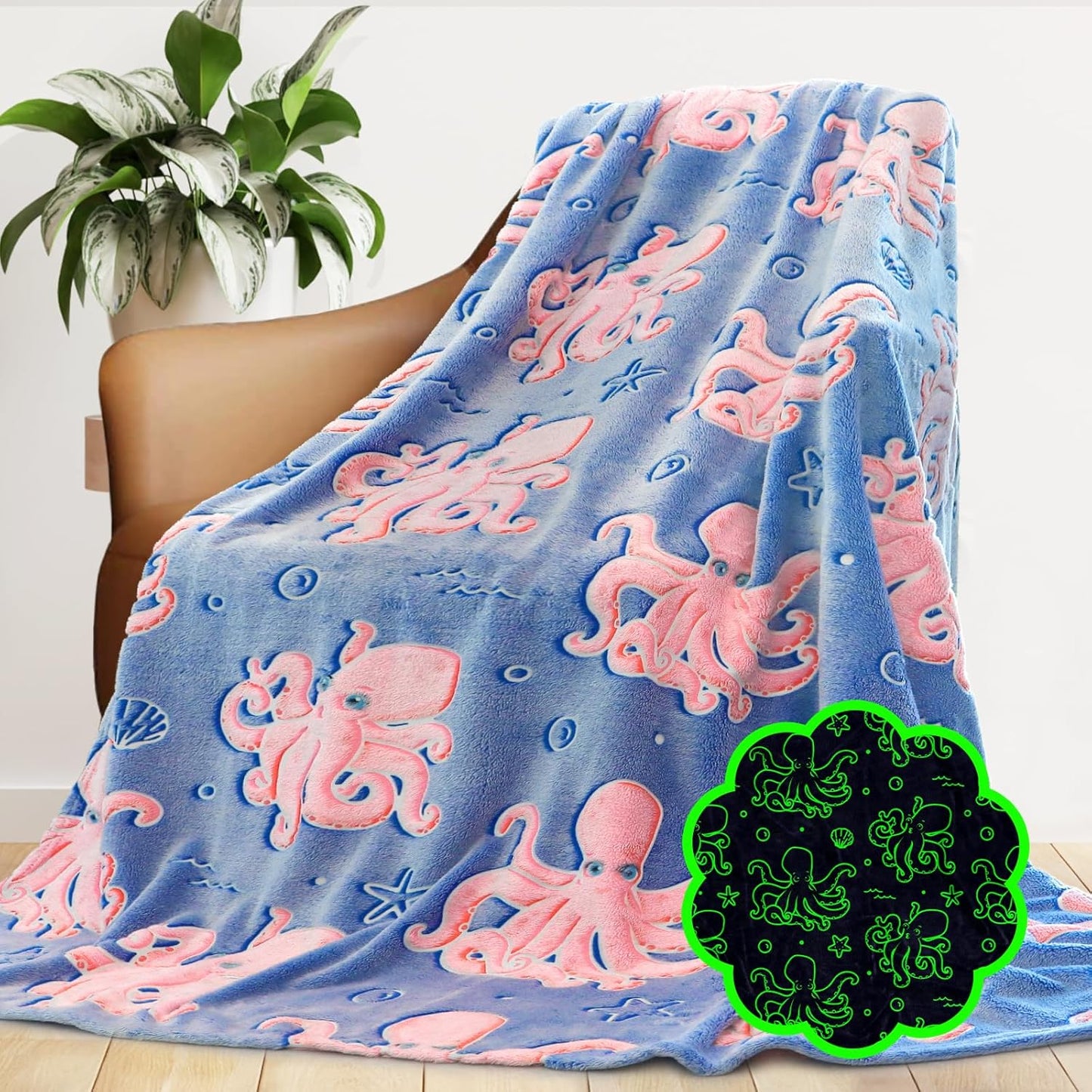 Octopus Twin Blanket for Couch & Bed - Glow in The Dark Ocean Blanket Soft Octopus Gifts for Kids, Blue Sea Animal Fleece Throw for Home Decor Christmas Birthday Present 60"x80"