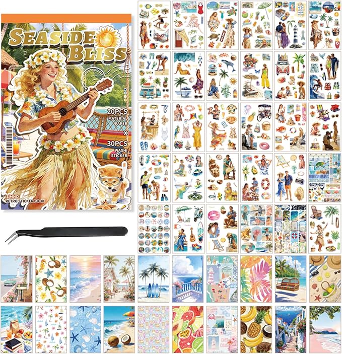 Summer Beach Scrapbook Sticker Book, 500+ Vintage Travel Stickers