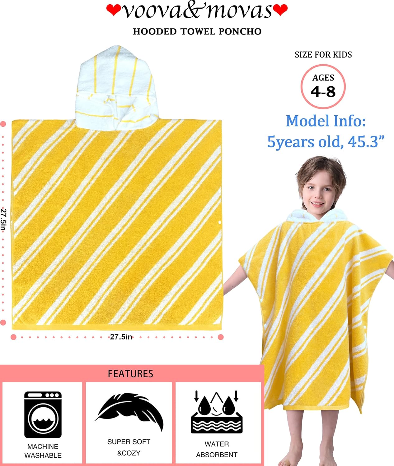 VOOVA & MOVAS Kids Hooded Poncho Towels (4-8Years,27.5"x27.5"),100% Cotton Soft Absorbent Towel for Boys,Perfect for Bathroom | Pool | Beach | Swimming, Jacquard Yellow Stripe