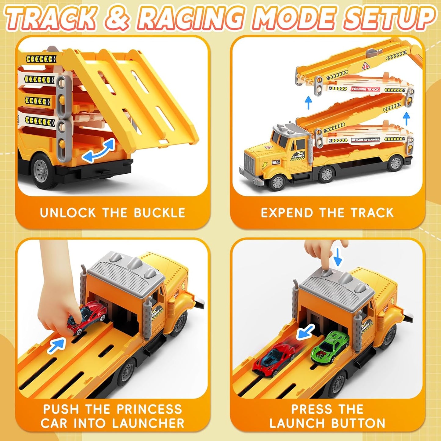 HONGTUO Race Track Truck Toy for Kids – Foldable 3-Layer Car Track Playset with 6 Vehicles, Light & Sound Transport Truck, Christmas & Birthday Gift for Boys and Girls Ages 3-6