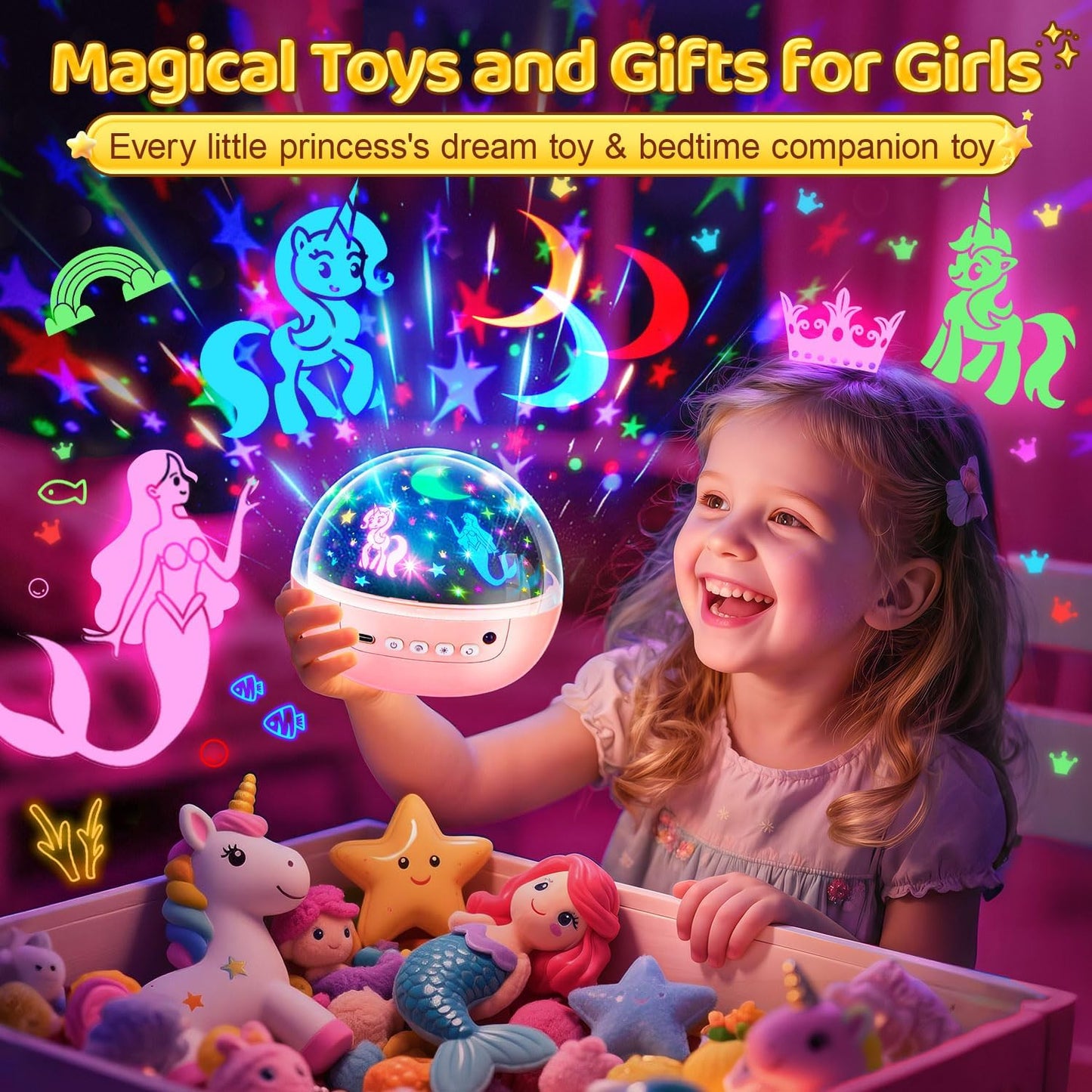 Girl Toys Age 1-10 Years Old, 【3 Film & 93 Colors】Princess Toys Mermaid Toys Unicorn Toys for Girls Age 4-6 Night Light for Kids Projector, Remote Control Little Girls Toys, Girl Gifts Toys for 3-8