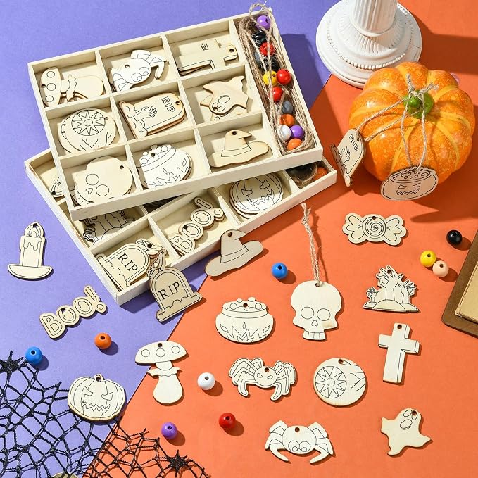 54 pcs Mixed Styles Halloween Theme Unfinished Wood Cutout Charms Cross Spider