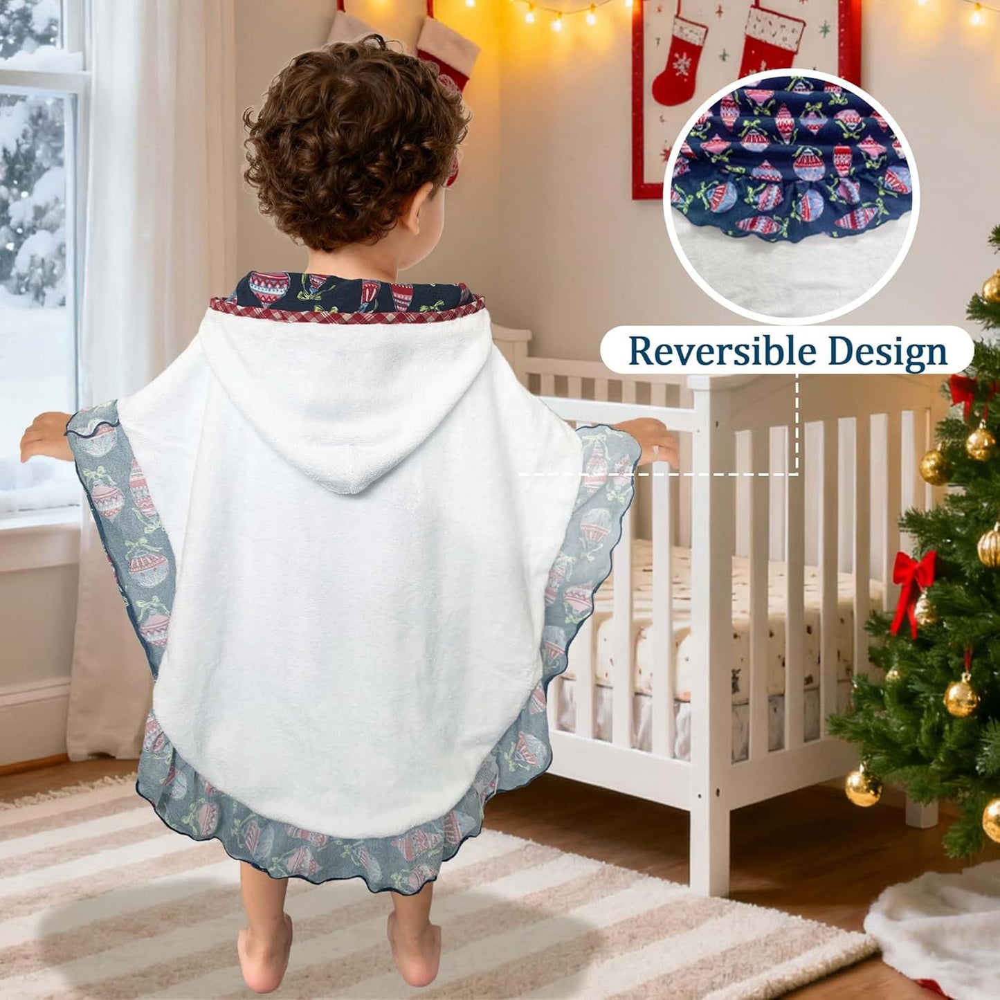 VOOVA & MOVAS Hooded Towel Poncho for Baby with Ruffle Trim | Soft 100% Cotton | Absorbent Thick Towel for Bath, Swim, Beach & Winter | Cozy, Christmas Lamp