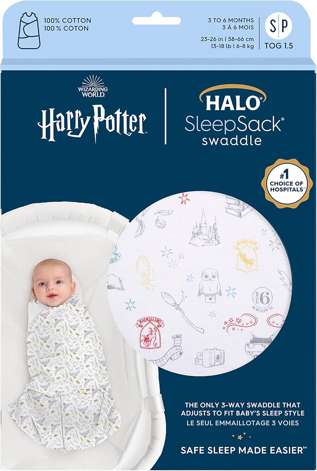 HALO Harry Potter 100% Cotton Sleepsack Swaddle, 3-Way Adjustable Wearable Blanket, TOG 1.5, Harry Potter Enchanted, Small, 3-6 Months