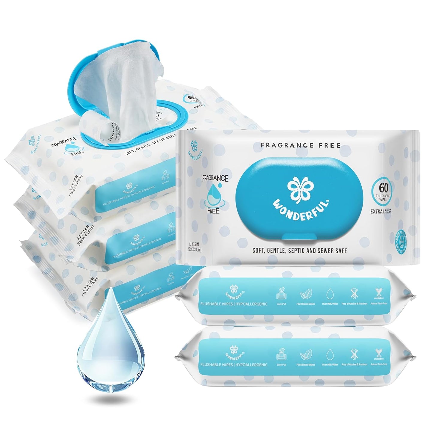 WONDERFUL Flushable Wipes, Unscented 100% Plant-Based Wet Butt Wipe for Adults & Kids, Sewer Septic Safe, Gentle for Sensitive Skin, Wipes Flushable Pack for Bathroom & Travel, 6-Pack (360 Counts)