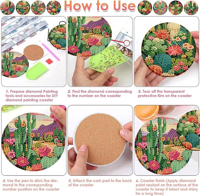ijbnhd 8 Pcs Cactus Diamond Art Coasters Kit Diamond Painting Coasters | Cactus