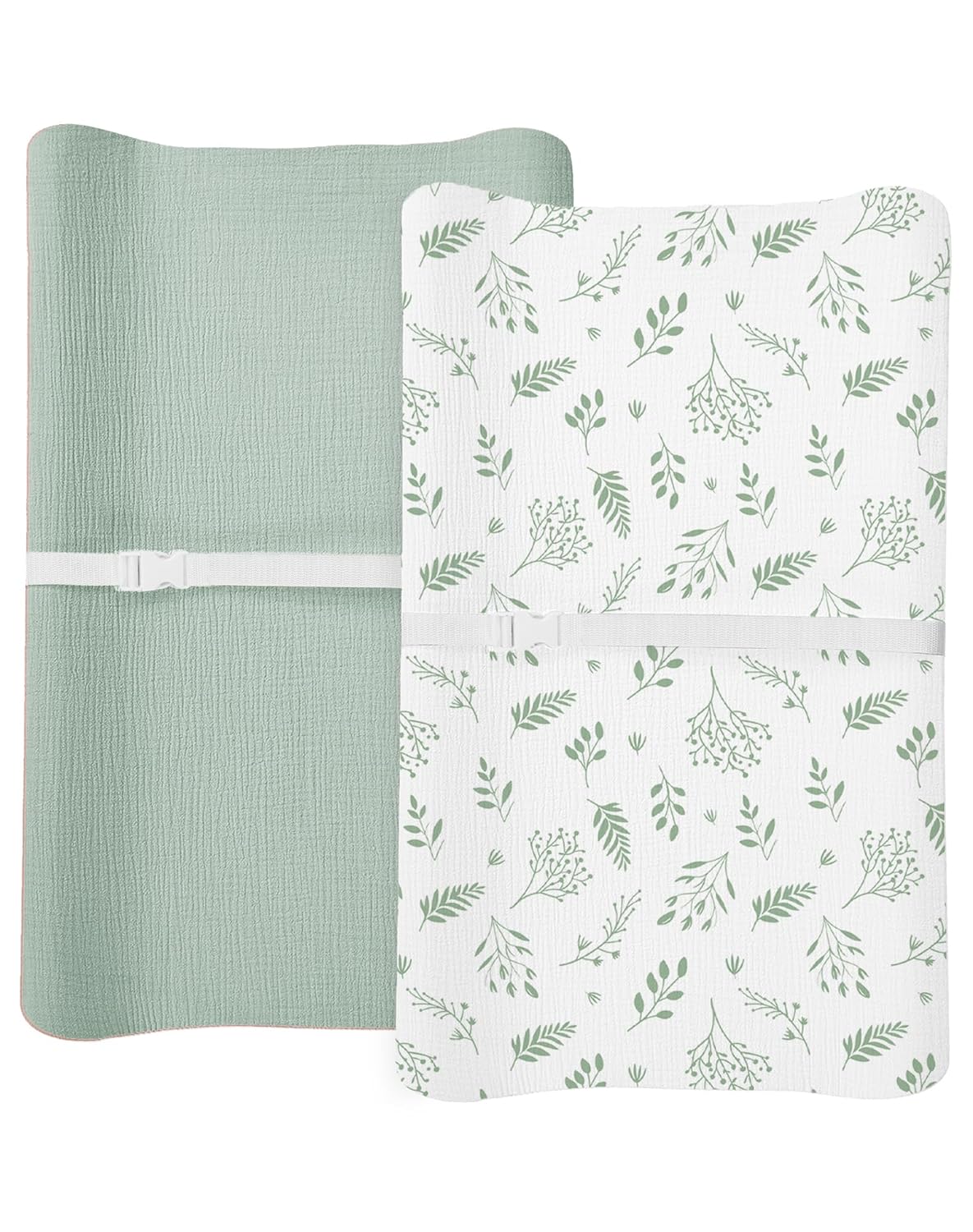 Changing Pad Cover for Baby Boy Girl 2 Pack, Muslin Changing Table Pad Covers with Boho Style, Neutral Nursery Bedding Essentials Soft and Breathable (Fern Leaf & Sage)