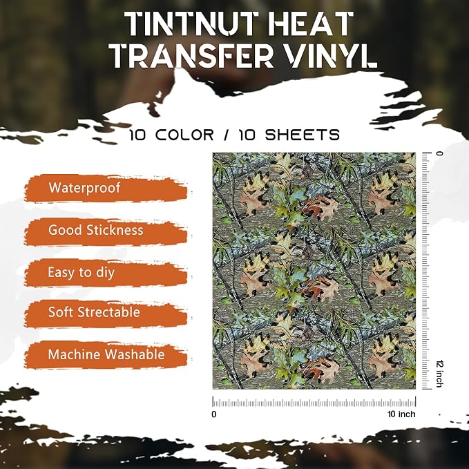 Tintnut Real Tree Camo Heat Transfer Vinyl, 10 Sheets 12x10in Iron on Vinyl |