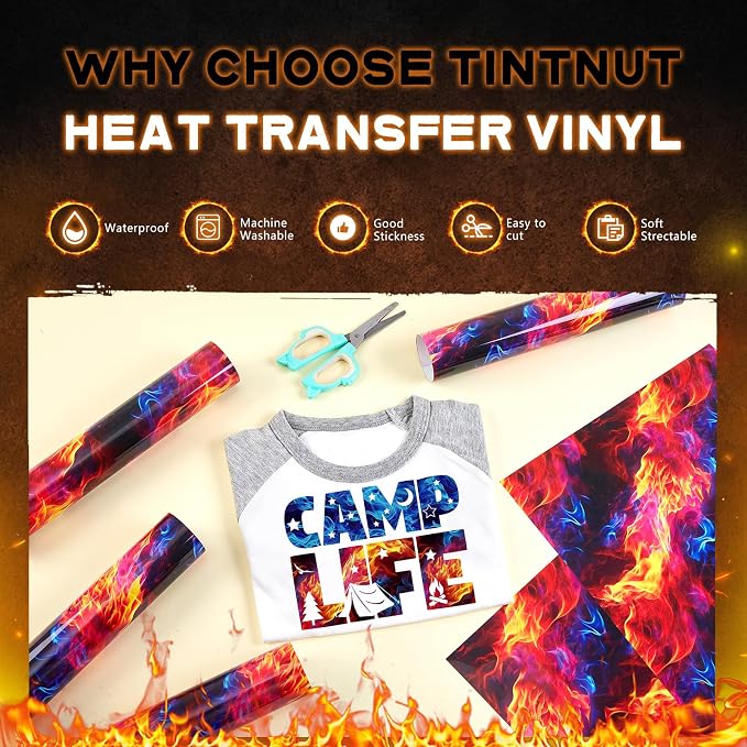 Tintnut Orange Blue Flame Heat Transfer Vinyl, stretch washable, suitable