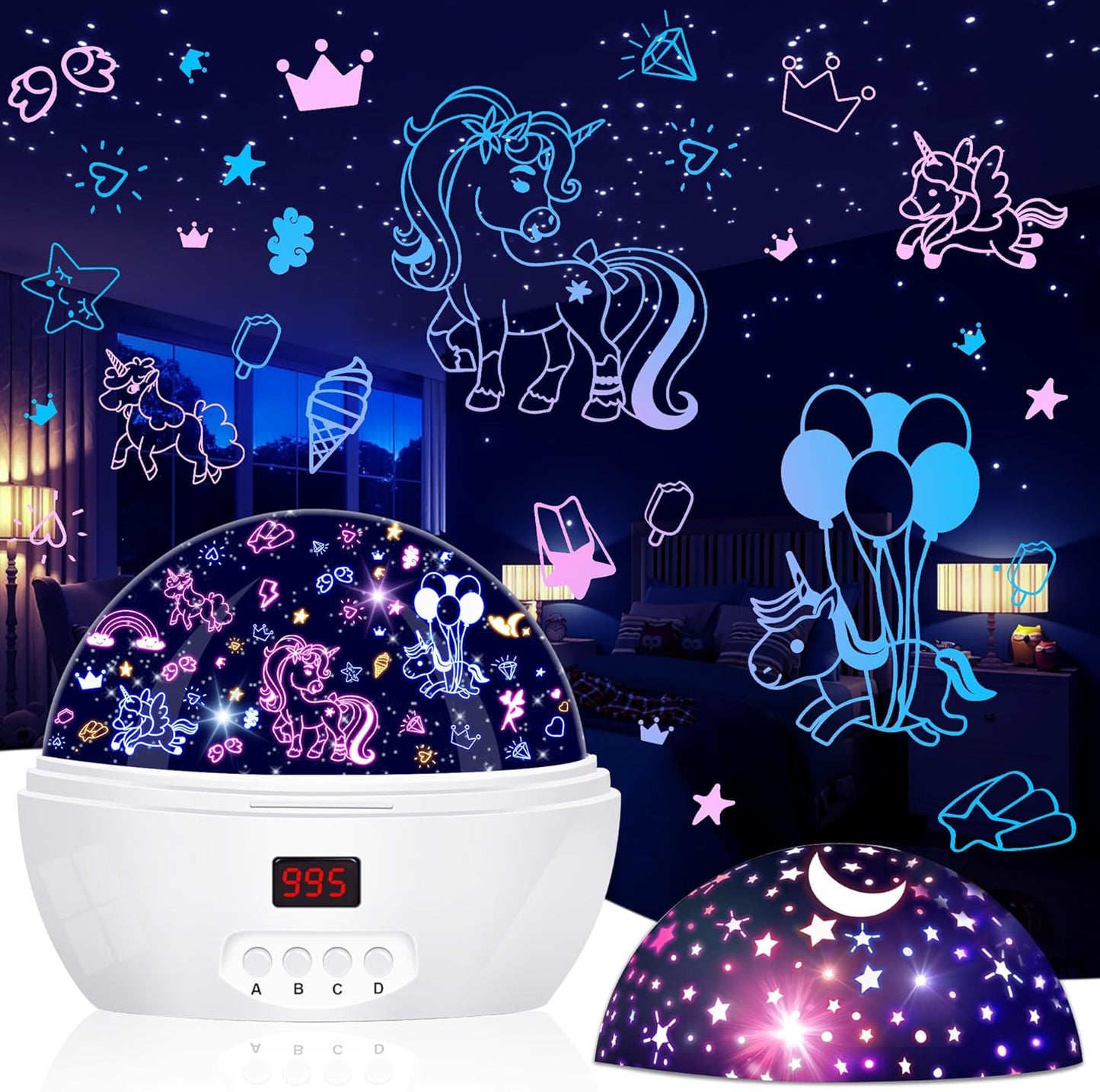 Unicorn Projector Night Light for Girls, Star Lights Projector for Ceiling Kids Bedroom Decor Gifts for 3-6 Year Old Girl Night Light Projector with Timer, Christmas Birthday Gift for Girls