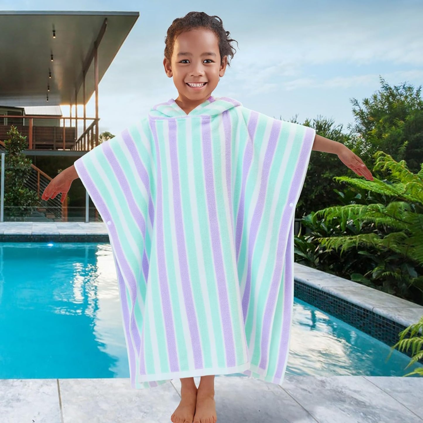 VOOVA & MOVAS Poncho Towels for Kids (4-8Years), Quick Dry Lightweight Absorbent Cotton Hooded Towel Robe for Pool | Swim | Beach | Bath, Aqua Purple Stripe