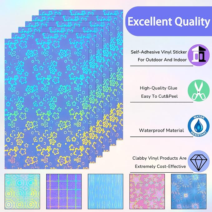 Clabby 36 Sheets Holographic Sticker Paper A4 Vinyl Holographic Laminate Sheets