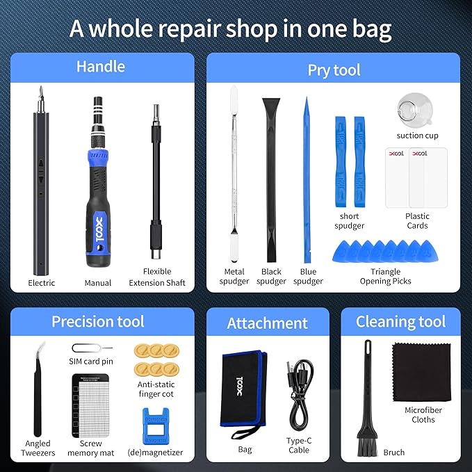XOOL 150 in 1 Electric Screwdriver Set Precision Screwdriver Set with 120 Magnetic Bits, Rechargeable 2 Gears Torque Power Screwdriver Kit for Electronics, Computer, Laptops, Phone, PC, Game Console