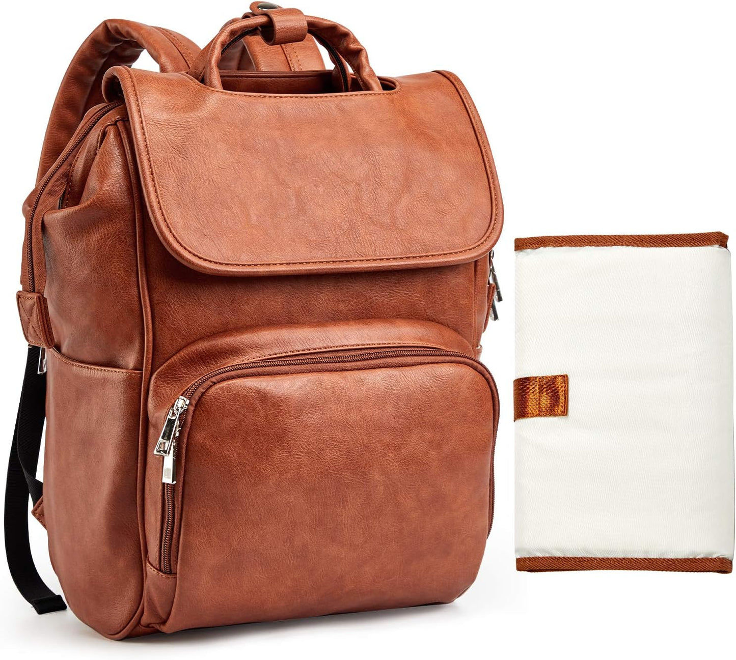 Leather Diaper Bag Backpack with Changing Mat Travel Backpack Waterproof&Insulated Large Nappy Bag Stroller Straps, Brown B, 13.8x8x18 Inch (Pack of 1), Travel Backpacks