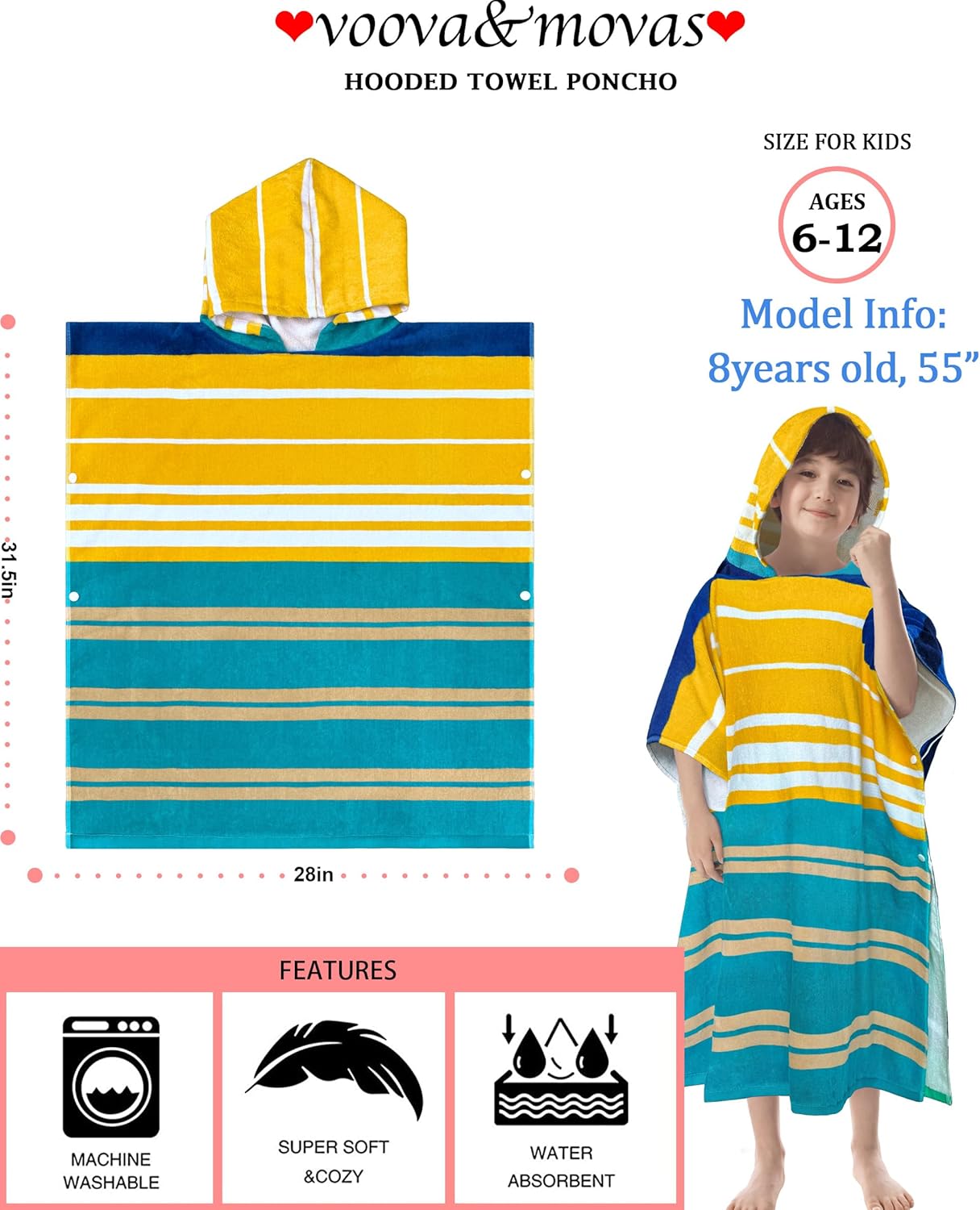 VOOVA & MOVAS Hooded Poncho Towels for Big Kids, Oversized (6-12Years,26"X64") Made from 100% Soft Cotton,Absorbent Bathrobe for Boys,Perfect for Pool| Swimming | Bathing | Beach, Blue Stripe