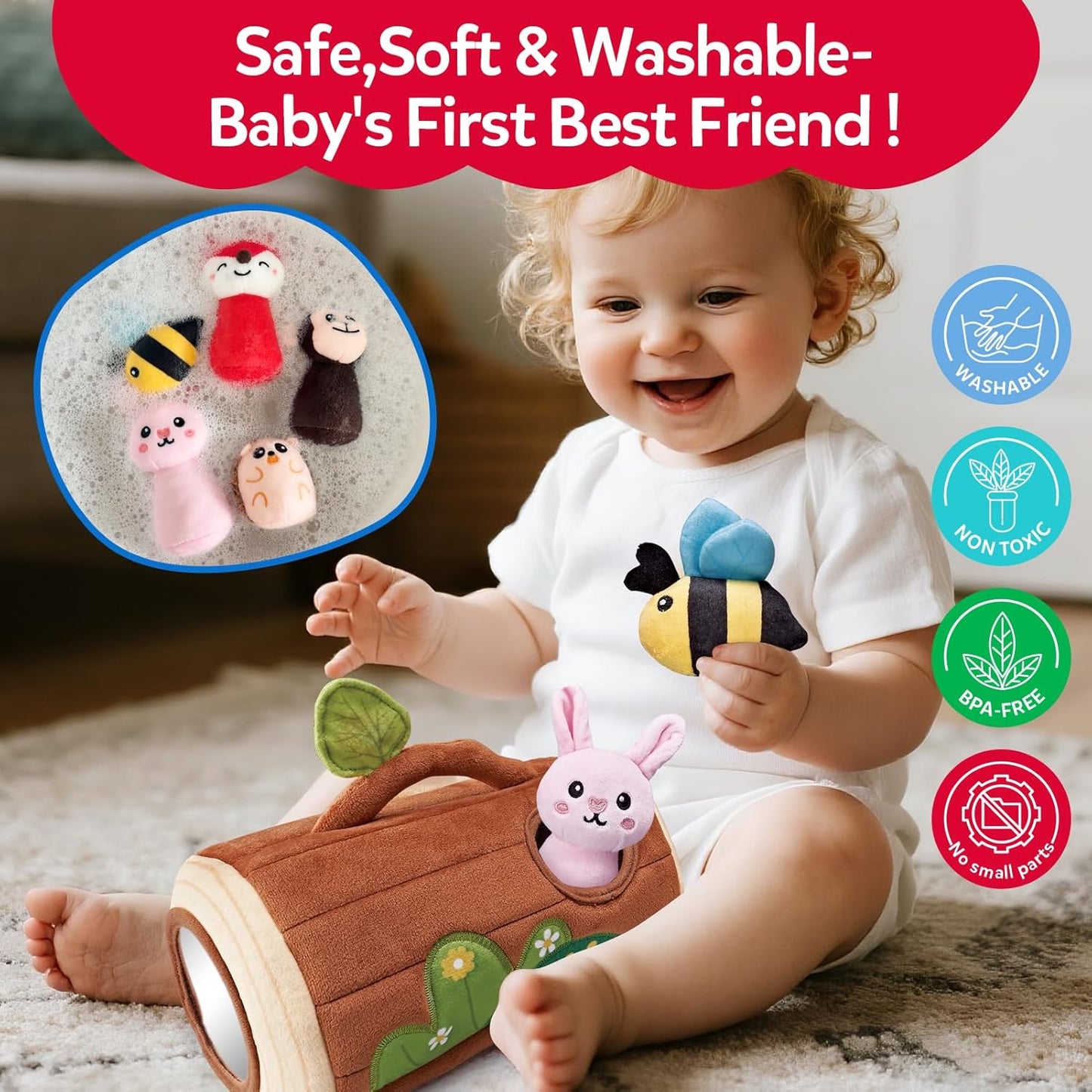 Baby Toys 6-12 Months - Jungle Soft Plush Stuffed Animal Set with Rattle, Squeaker & Mirror - Montessori Sensory Toys for Babies Ball 6 7 8 9 Months, Baby Christmas Birthday Boy Girl Gifts