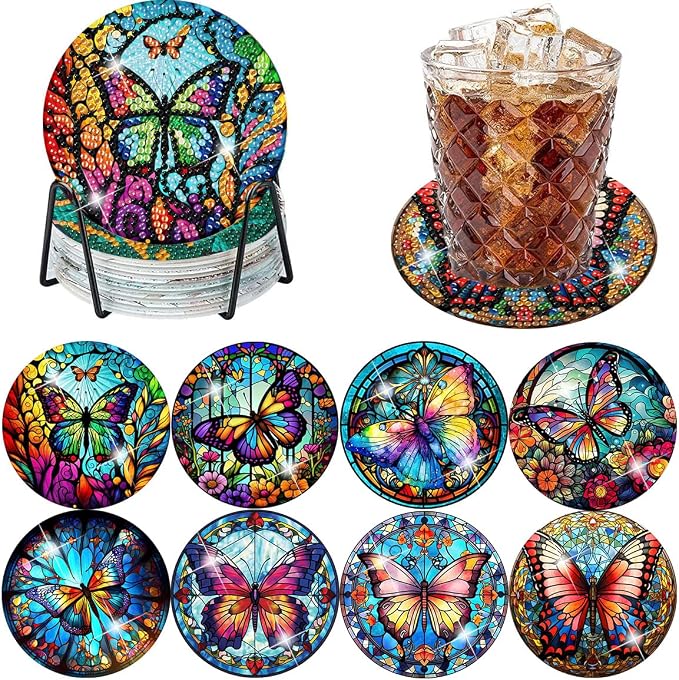 Axquilon 8 Pack Butterfly Diamond Art Coasters Kit