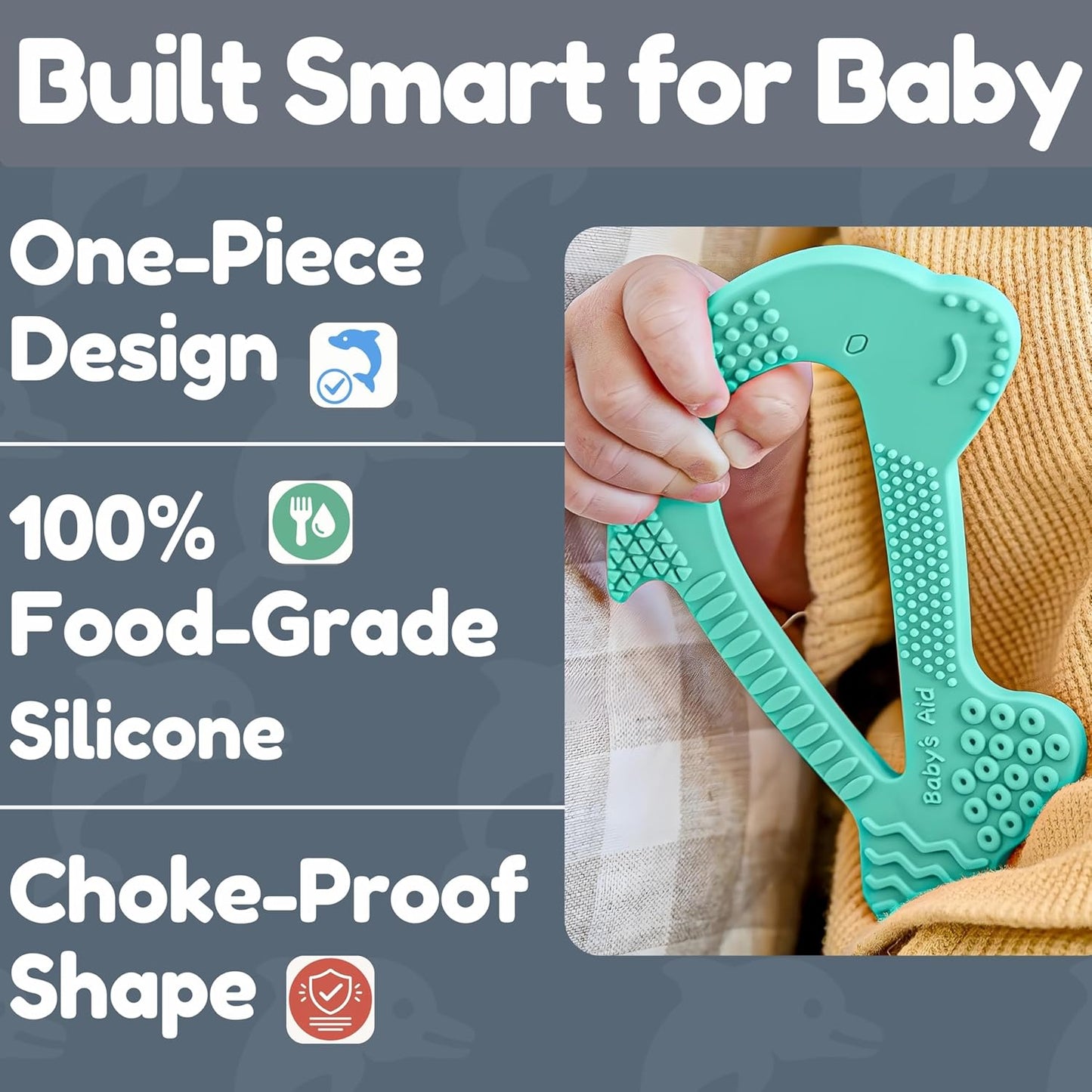 Silicone Baby Teether - Dolphin | 8 Teething Relief Textures, 100% Food-Grade, Easy to Hold & BPA Free Silicone Teethers for Babies, Baby Teething Toys, Soft Chew Toy for Babies Ages 3M+ - Baby’s Aid