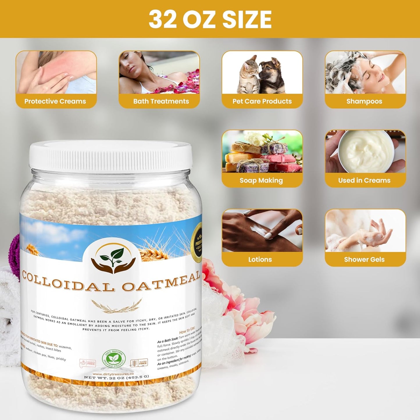 Dirty Treasures Colloidal Oatmeal Bath | Eczema & Itchy Skin Relief | Baby-Safe, 100% Natural, Fragrance-Free | 2 lb (32oz)