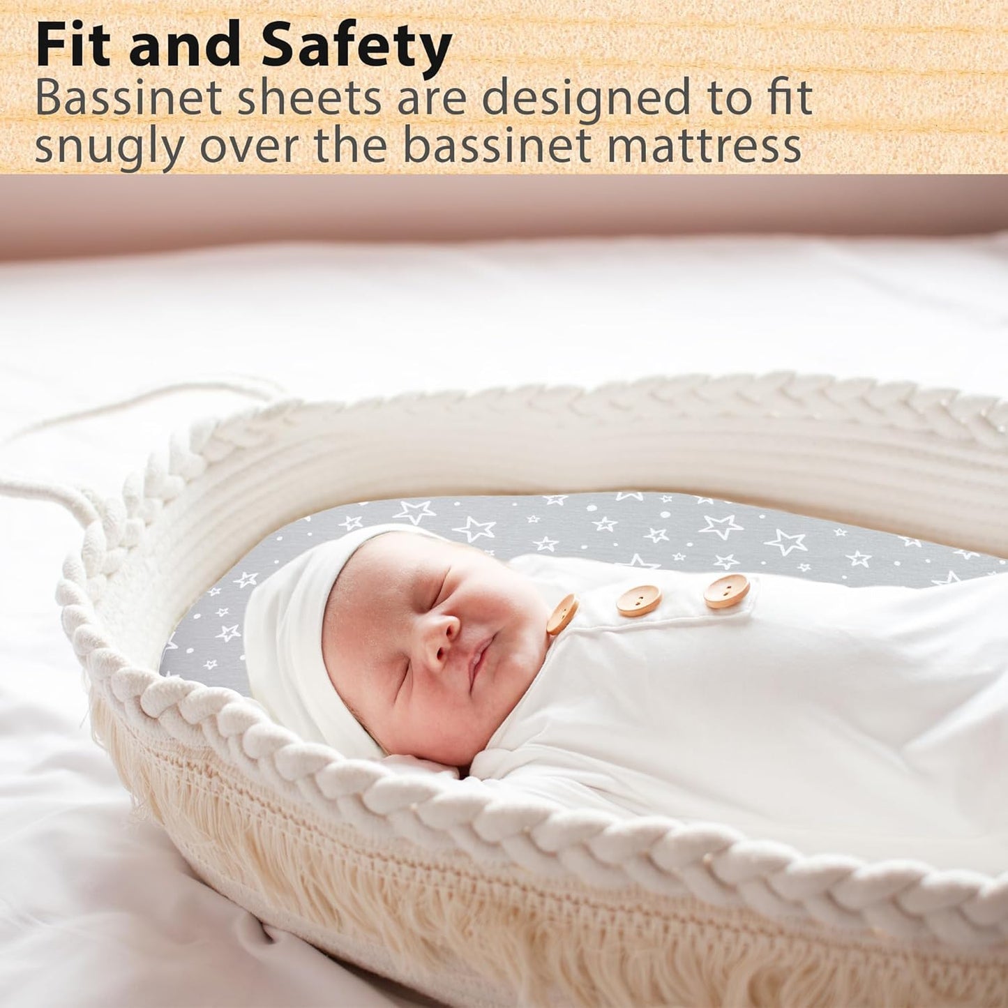 Bassinet Sheets Boy – 2-Pack Soft Fitted Bassinet Sheets, Organic Cotton, Breathable & Cozy, Fits 32x16x4 Inch Rectangle, Oval & Hourglass Mattresses (Grey)