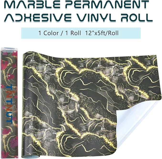 Tintnut Marble Permanent Vinyl Roll 12" x5ft Black Gold Adhesive Vinyl |