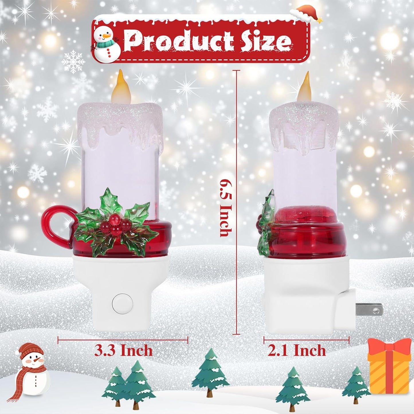 Christmas Candle Night Light Plug into Wall Glitter Water Nightlight with USB/Outlet Options, Christmas Decorative Nightlight for Bedroom Kitchen Nursery Hallway Holiday Decorations Gifts (Candle)