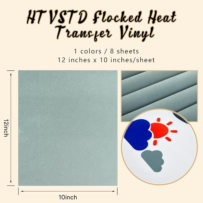 HTVSTD Grey Flock HTV Heat Transfer Vinyl 8 Sheets 12×10in Iron on Vinyl |