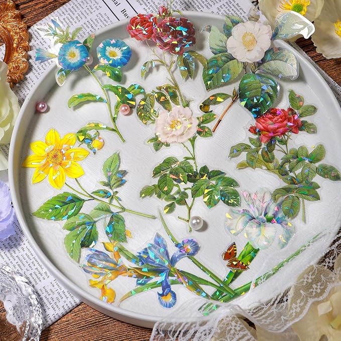 Yoksas 40 Pcs Large Vintage Shiny Flowers Stickers