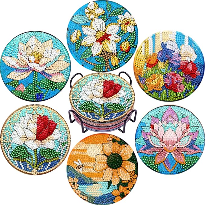 EWJRNSF 6 PCS Flowers Diamond Art Coasters DIY Kit