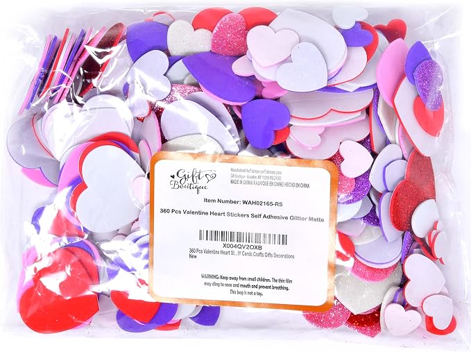 Gift Boutique Foam Heart Stickers 360 Pack Glitter & Matte Self Adhesive EVA