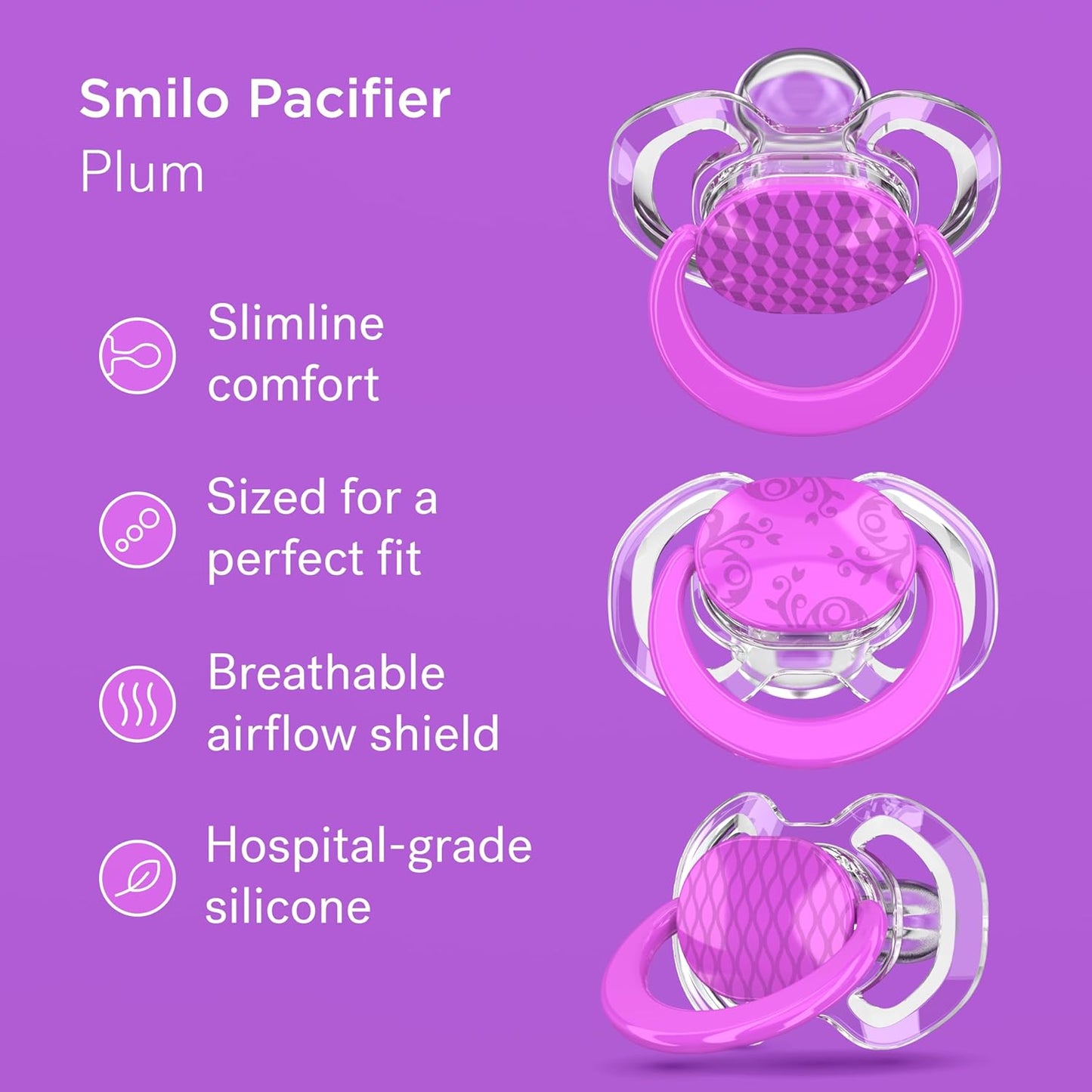 Smilo Baby Pacifier with Orthodontic Design for Healthy Dental Development - Stage 3 for Babies 9+ Months - Pack of 3X 100% Silicone Pacifiers BPA Free - Plum Purple
