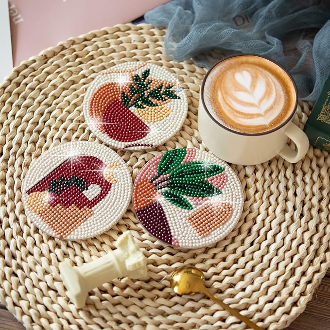 Temlum 6 Pcs Diamond Painting Coasters Kit, Abstract Plant Diamond Art Coasters