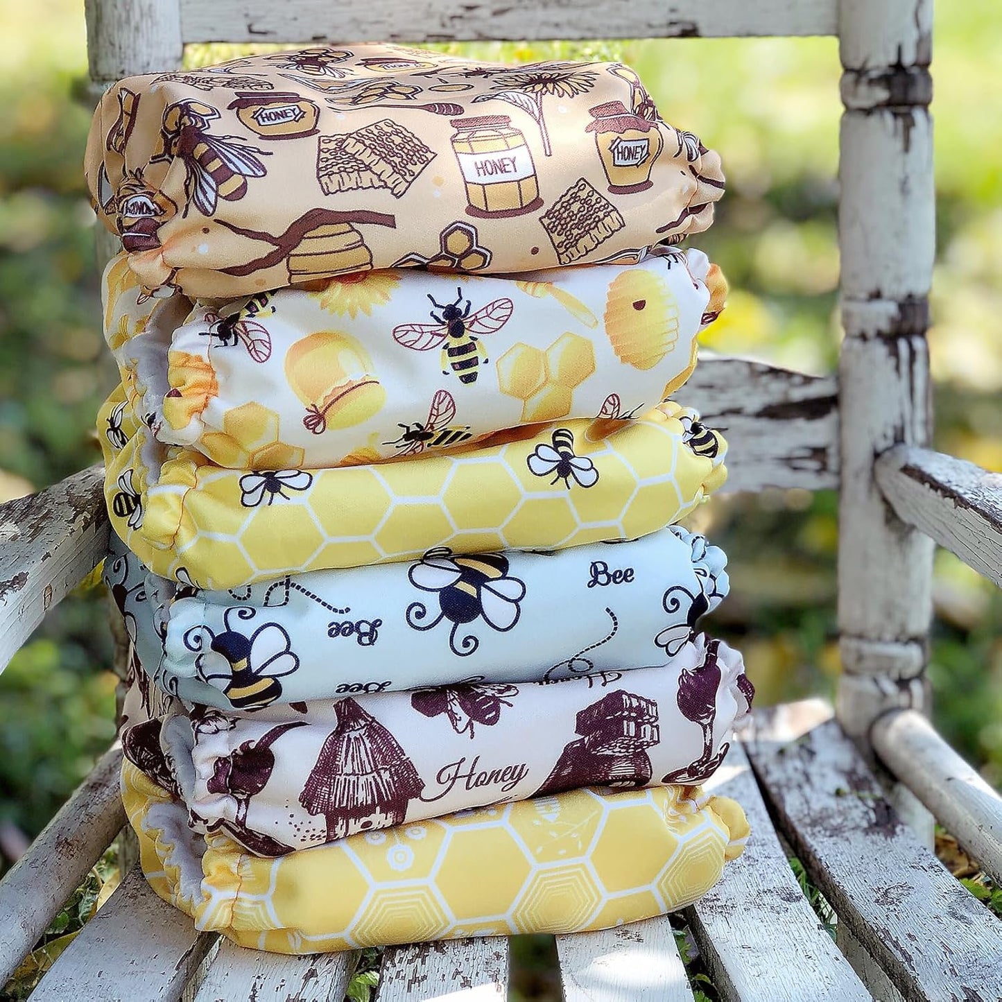 Mama Koala 3.0 Pocket Cloth Diapers for Babies with AWJ Lining, 6 Pack with 6 4-Layer Natural Cloth Diaper Inserts - Reusable and Washable Pocket Diapers(Hardworking Bees)