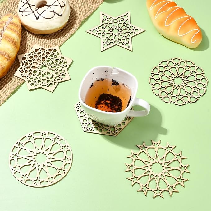 12 pcs 6 Styles Hollow Star Theme Wooden Drink Coasters Snowflake Hexagon