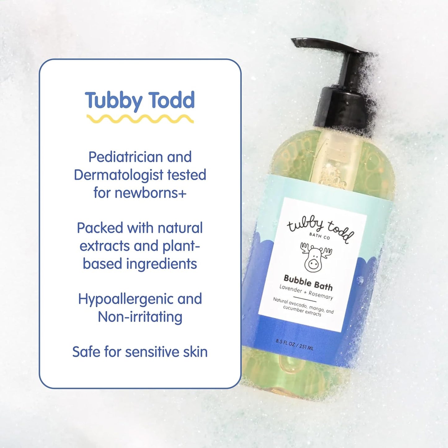 TUBBY TODD Bubble Bath for Kids, Toddlers & Babies - Hypoallergenic, Non-Irritating Sensitive Skin Bubble Bath - 2 Pack, 25 fl oz & 8 fl oz - Sweet Quince & Honeysuckle