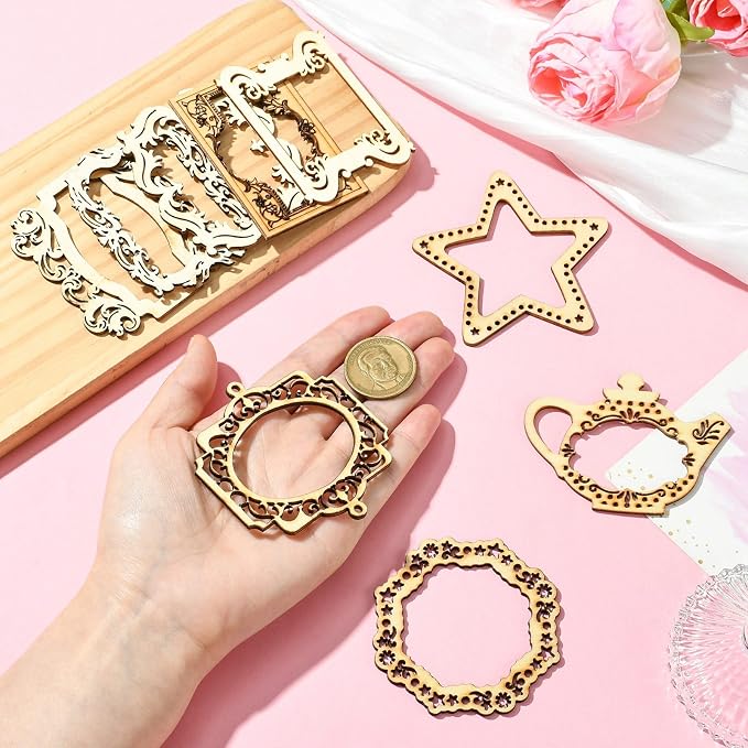 18 pcs 9 Styles Hollow Pyrography Theme Unfinished Blank Wood Cutout Charms