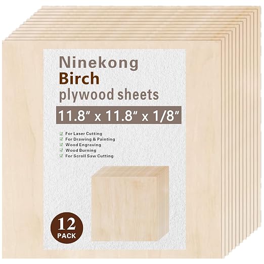 12 Pack Birch Plywood Sheets 1/8", 11.8"x11.8"x1/8" inch Plywood Sheets