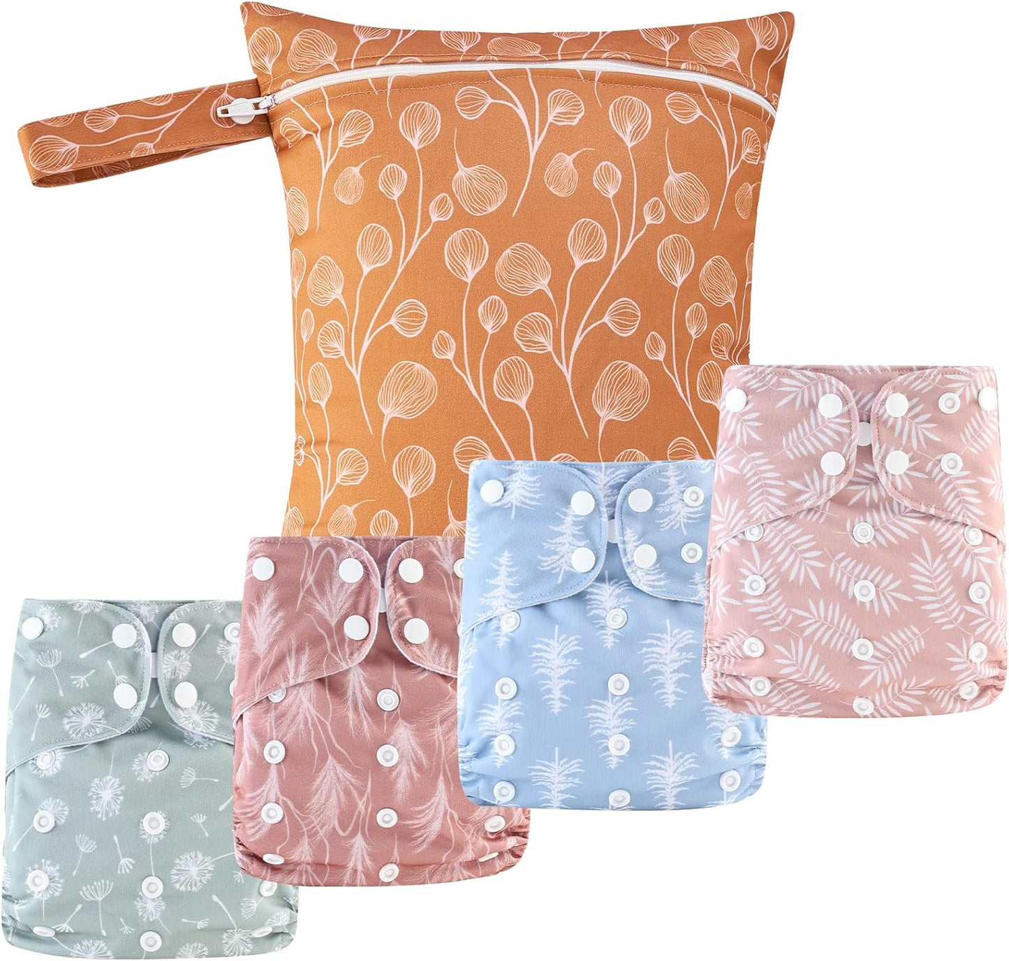 HappyFlute 9 Sets Newborn Baby Cloth Pocket Diapers One Size Adjustable Reusable for Baby Boys and Girls(6-33 pounds,0-3 Years),One Wet Bag+4Diapers and 4Inserts