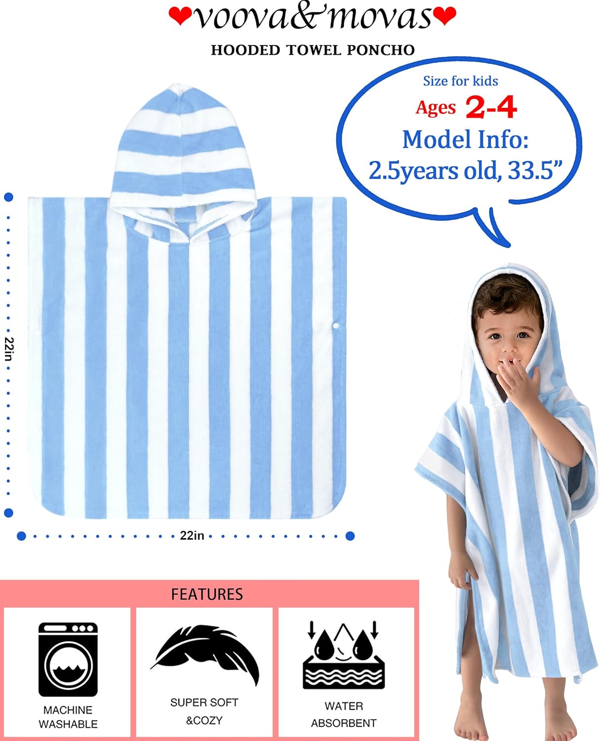 Toddler Poncho Towels with Hood, Oversized (2-4Years,22"X22") Made from 100% Soft Cotton,Absorbent Hooded Towels for Baby Boys,Perfect for Pool | Swimming | Bath | Beach,Light Blue Stripe