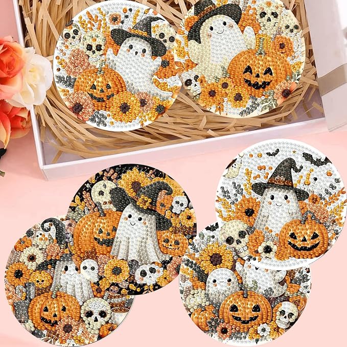 8 Pack Halloween Diamond Art Coasters, Ghost Diamond Painting Coasters Kits |
