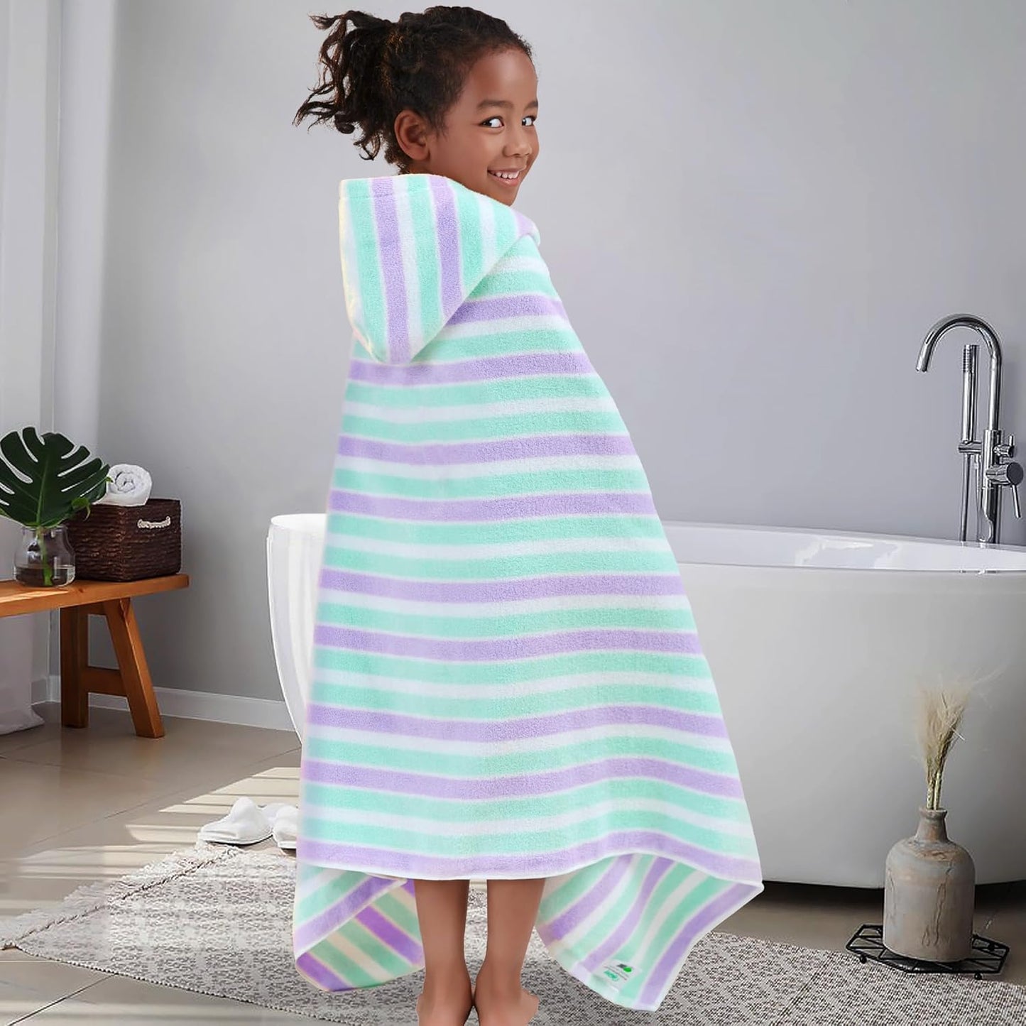 VOOVA & MOVAS Kids Hooded Bath Towels(3-10Years),Absorbent Quick Dry Lightweight Hooded Cotton Towel for Pool | Swim | Beach | Bath, Boys Wrap Towel with Hood, Aqua Purple Stripe