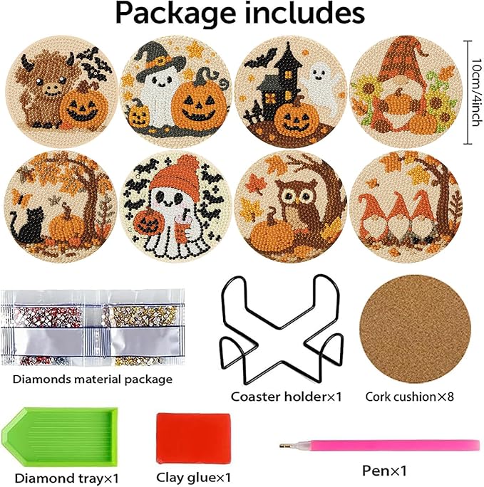 8 PCS Halloween Diamond Art Coasters Kits Cute Diamond Painting Coaster |